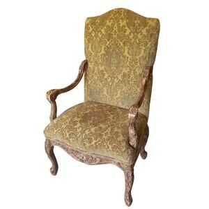Carved Italian Provential Style High Back Arm Chair Distressed Finish